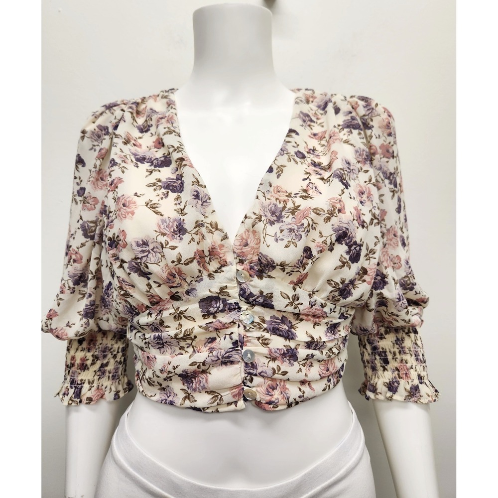 ACOA Floral Crop Blouse Women Small Cream Purple Smocked Puff Long Sleeve V-Neck